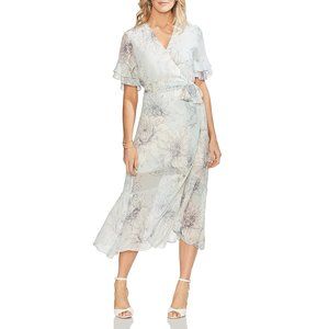 Vince Camuto Green Floral Ruffled Faux Wrap Dress